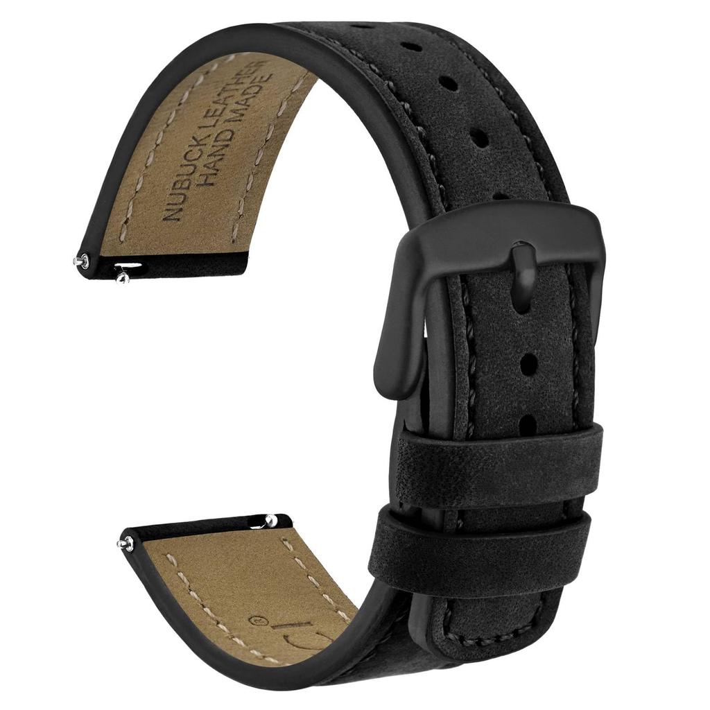 WOCCI Quick Release Leather Watch Strap, 18mm Nubuck Watch Band, Black with Black Buckle