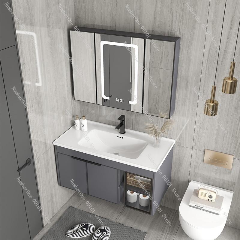 Simple Space Aluminum Bathroom Cabinet Set,Integrated Ceramic Washbasin and Storage Unit,Suitable for Compact Family Bathrooms