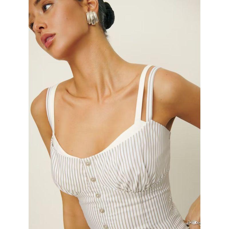 Refor * Li Huili Same Style French Style Retro Striped Fake Two Pieces Double Shoulder Strap Small Sling Slim Fit Slimming Top