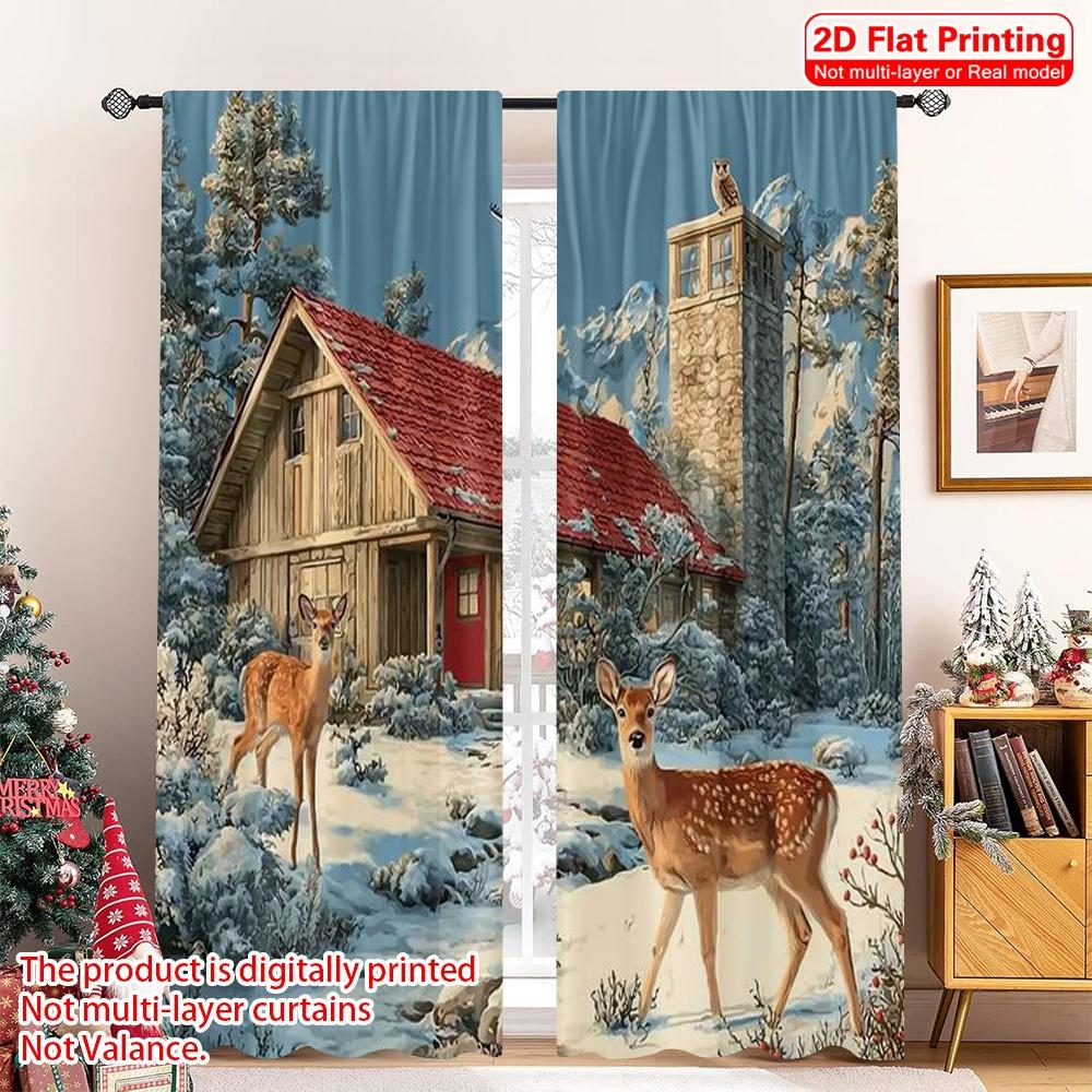 

Flat Printing Merry Christmas Popular Curtains Cardinal Deer Durable Polyester Fabric Without Electricity Curtain Set Of 2 Made Washable W100*H70(CM)-Hooks&2PCS
