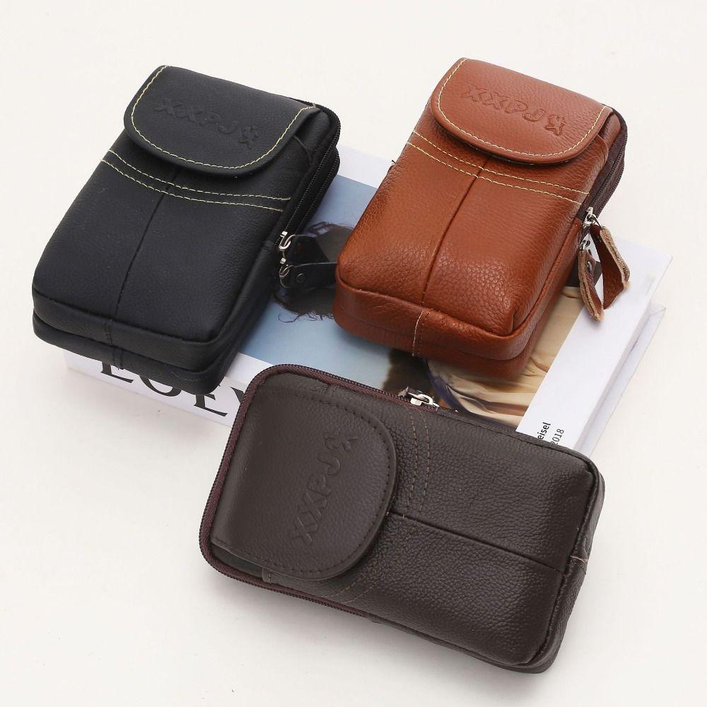 Cowhide Leather Outdoor Sports Waist Bag Vertical Phone Belt Hanging Pouch Mobile Phone