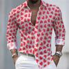 Men's Long-Sleeved Shirt with Heart Print Pattern, Stylish and Handsome, Festive Men's Lapel Top