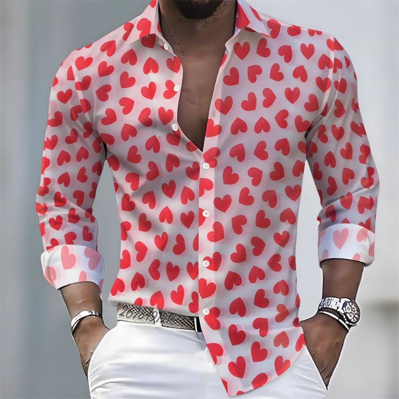 Men's Long-Sleeved Shirt with Heart Print Pattern, Stylish and Handsome, Festive Men's Lapel Top