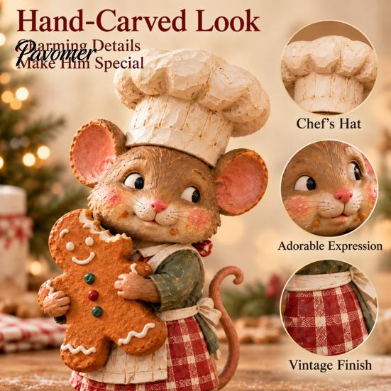 Gingerbread Baker Statue Mouse Figurine, Whimsical Hand-painted Mice with Cookie, 6.7'' Cottagecore Cute Chef Ornament Xmas for Mantel Tabletop
