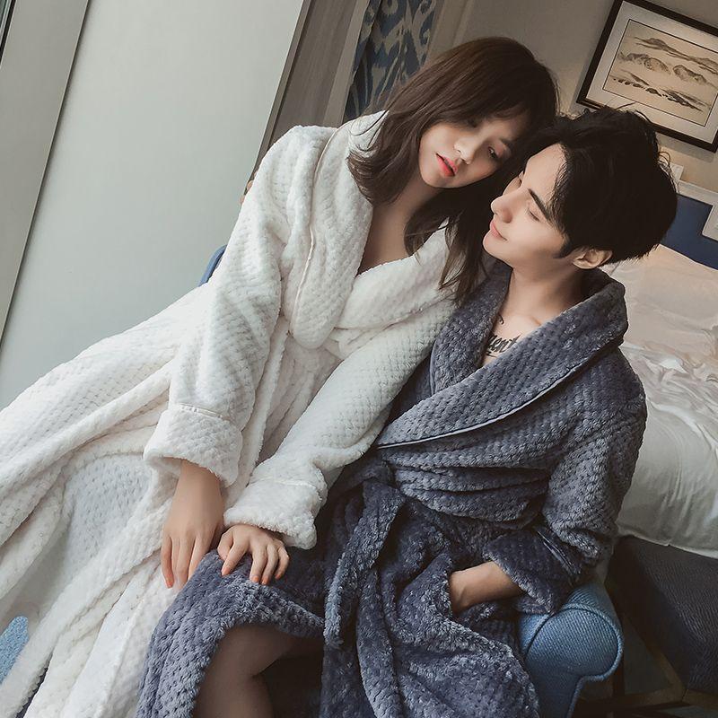Flannel Couple Sleepwear Autumn Winter Warm Pajamas Large Size Nightgown Robe Long Sleeve Belt Coral Velvet Loungewear Bathrobe