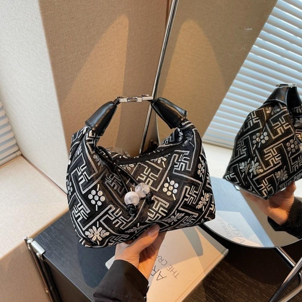 Zipper Closure Chinese Style Embroidery Handbag Elegant Dumpling Bag Ladies Shoulder Bag  Girl Use