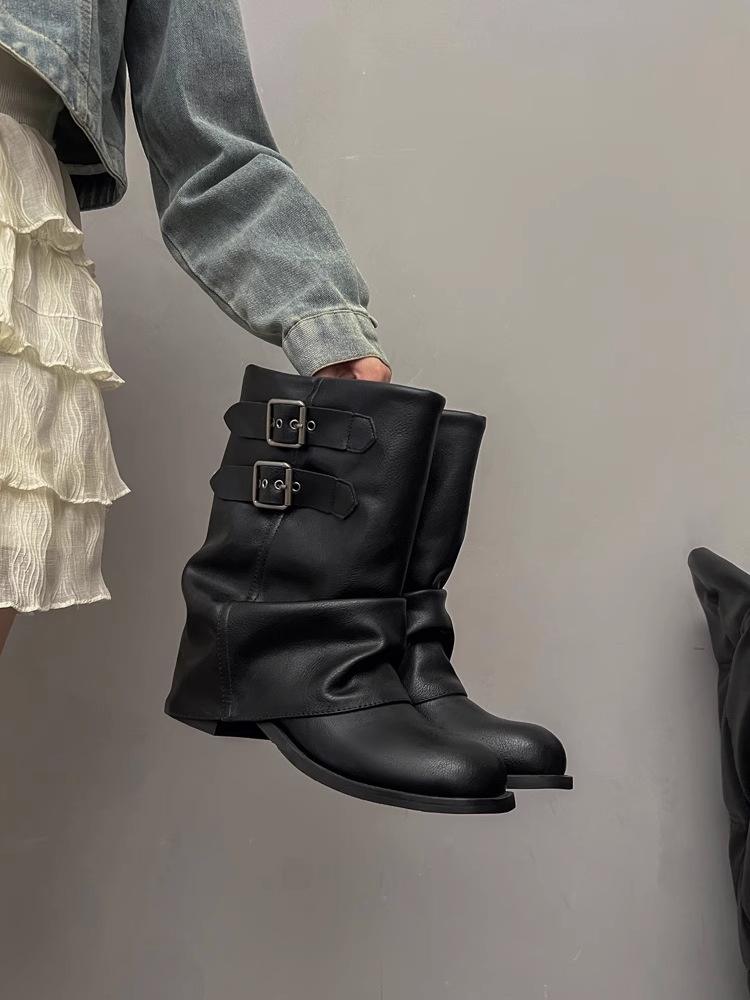 Fashion Women's Black Short Boots Winter New Fashion Buckle Strap Luxury Motorcycle Boots Comfortable Outdoor Non Slip Middle Heel Shoes
