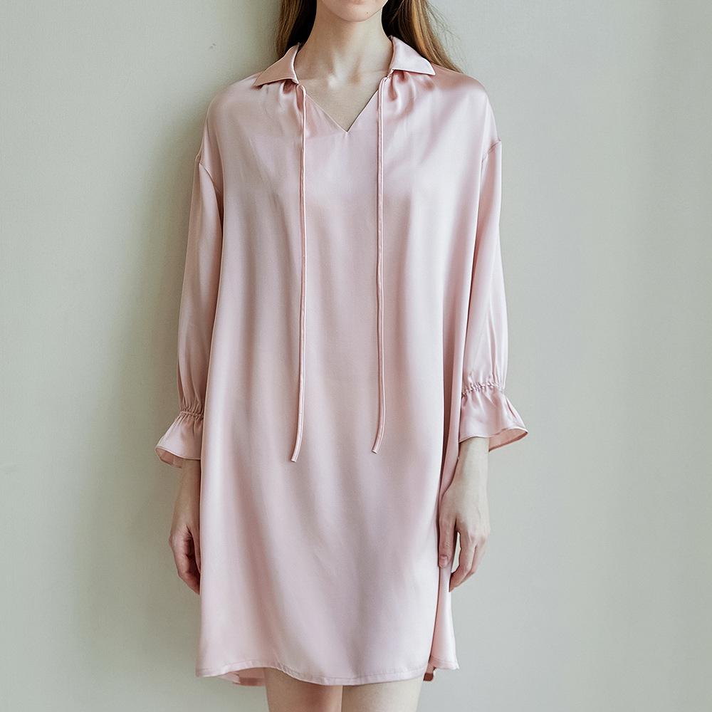Nordic Light Retro Silk Long Sleeve V-Neck Lace-Up Jumpsuit - 100% Mulberry Silk Smooth Sleepwear