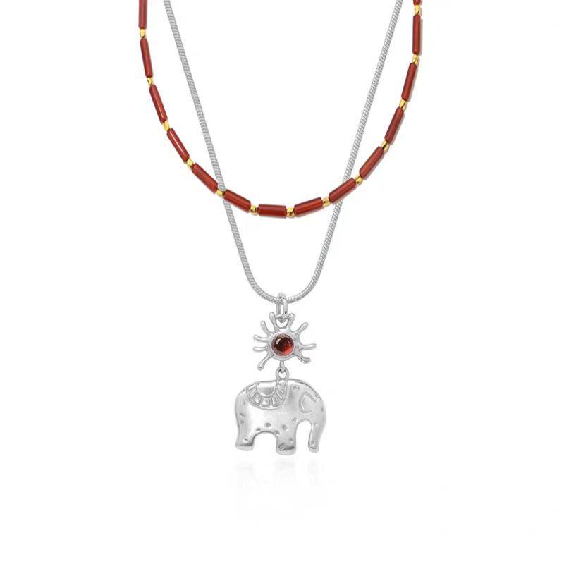 Women's 18K Gold Red Agate Elephant Pendant Necklace - Versatile, Simple Chain with Auspicious Rainbow Design
