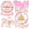 Princess Pink Castle Party Set: Gold Floral Disposable Plates, Napkins, and Tablecloth Decor.