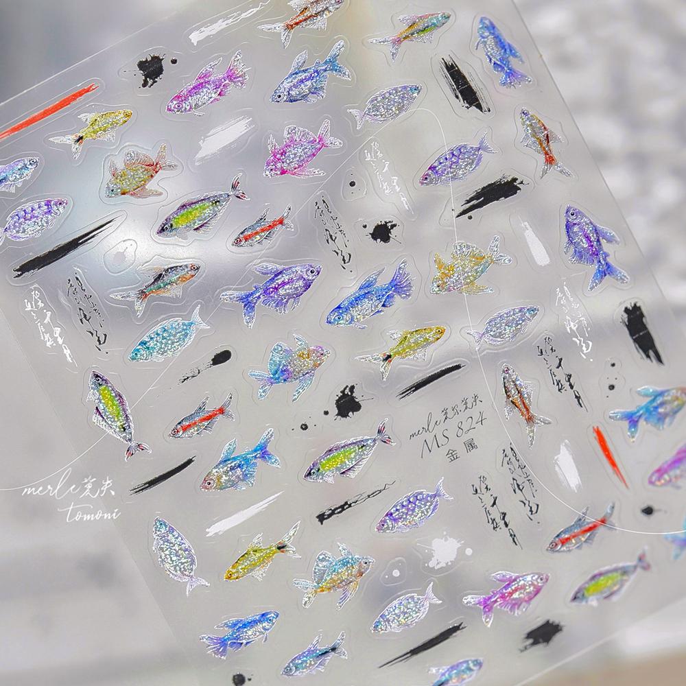 1pcs Ocean Marine Life Jellyfish Dolphin Shell Starfish Frangipani Ocean 5D Nail Art Stickers Embossed Nail Decals