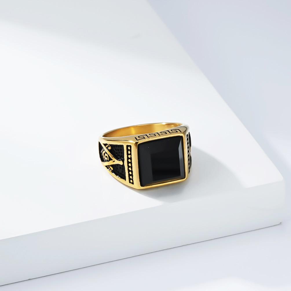 Retro Trend Titanium Steel Imitation Black Gem AG Freemason Spiral Pattern Ring for Men
