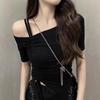 Off-the-shoulder Drawstring Short-sleeved T-shirt Women's Summer Sexy New Chic Hottie Pleated Collarbone One-word Shoulder Slanted Shoulder Top