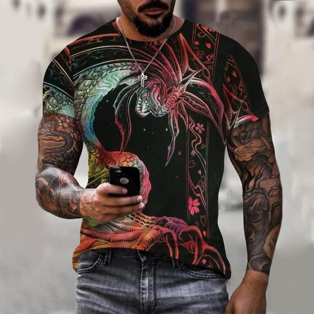 Summer 3D T-shirt Viking Tattoo Dragon Super Hot Large Men's T-shirt Short Sleeve Polyester Casual Hip Hop Top