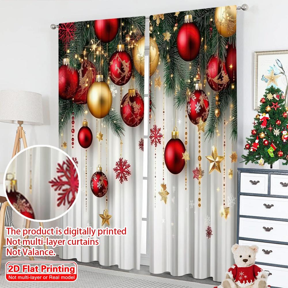 2D Flat Printing 2pcs Merry Christmas Party Curtains Red and Gold Ball Pine Branch Snowflake Versatile 100% Polyester Without