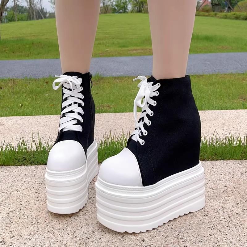 Modne nowe buty na koturnie z grubą podeszwą 14CM damskie wersja koreańska wszechstronne buty na wysokim obcasie podwyższone codzienne buty płócienne