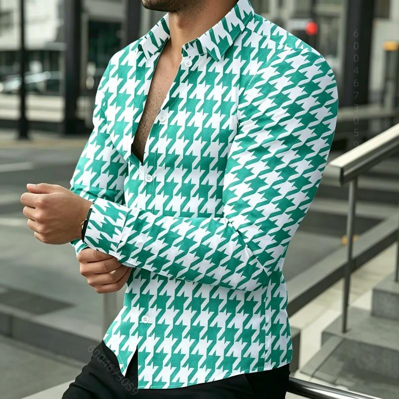 Men's Long Sleeved Shirt, Men's Retro Houndstooth Shirt, Black and White Contrasting Printed Fashionable Casual Men's Top