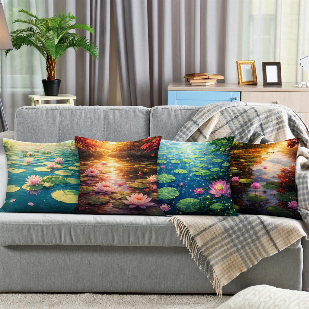 Water Lily Pond Theme Digital Printing Pillow Cover Short Plush Suitable Living Rooms Bedrooms Sofas Throw Cushion Cover 4Pcs