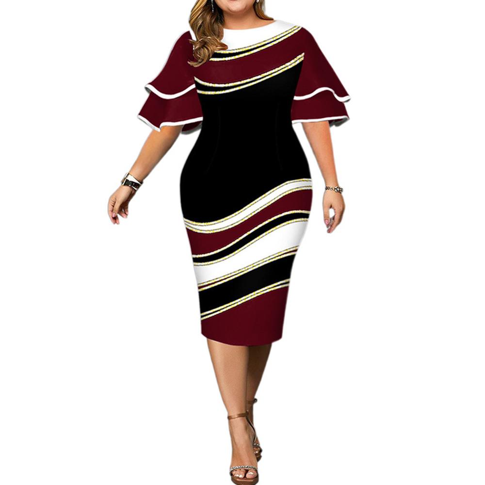 2024 Plus Size Womens Ruffle Short Sleeve Print Bodycon Dress Cocktail Party Dresses