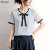 ZANZEA Women Casual Round Neck Loose Short Sleeve Stripe Blouse