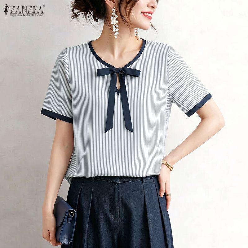 ZANZEA Women Casual Round Neck Loose Short Sleeve Stripe Blouse