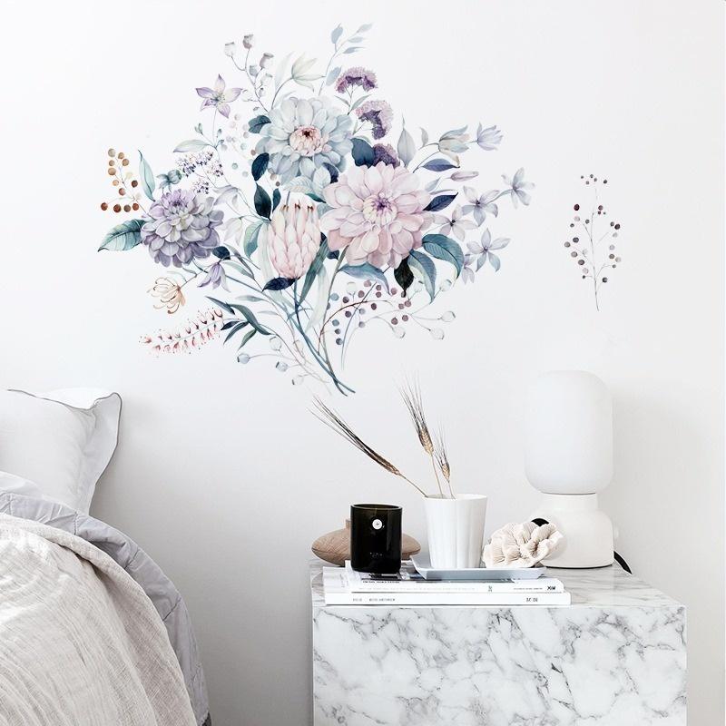Romantic Flowers Wall Sticker Home Wall Decoration Living Room Bedroom Decals Literary Water Color Wallpaper Removable Stickers