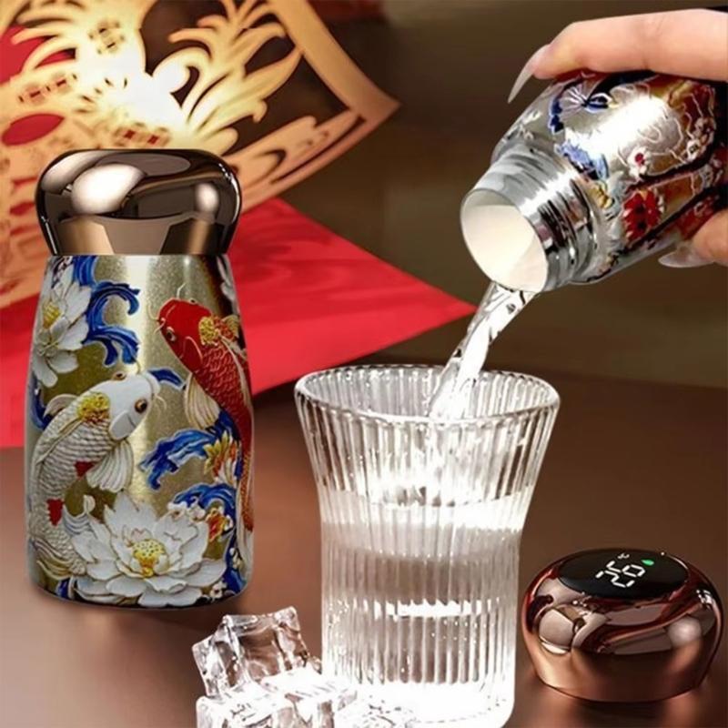 Stainless Steel Insulated Tumblers with Temperature Display, Decorative Florals Print Mini Thermal Cup for Office Desk Tea Coffee Beverage