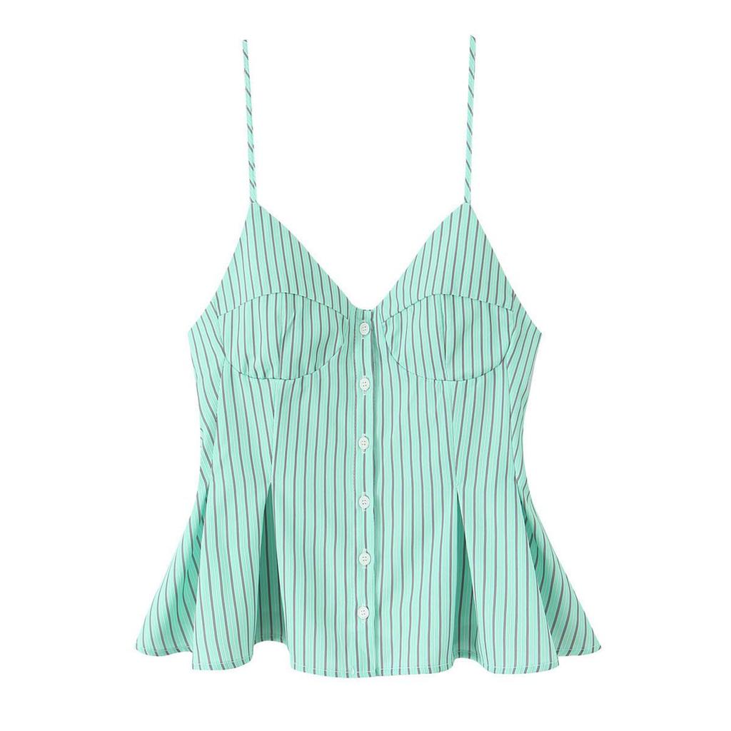 Women's Fashionable Sexy V Neck Striped Suspender Button Short Top