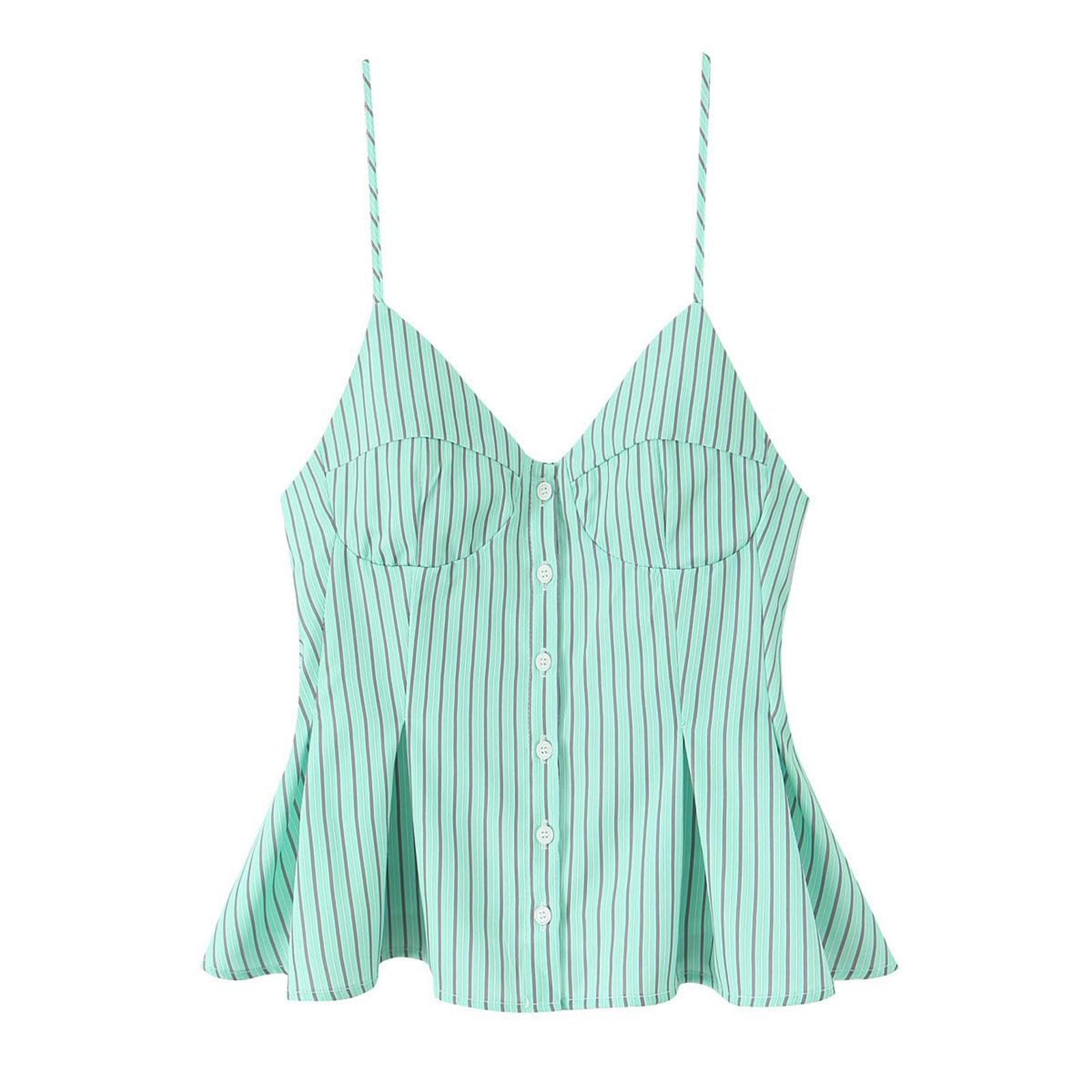 

Women s Fashionable Sexy V Neck Striped Suspender Button Short Top M зелёный