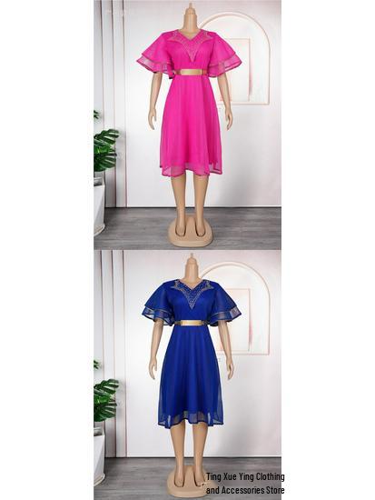 Plus Size V-neck African Women’s Bodycon Dress with Beaded Belt