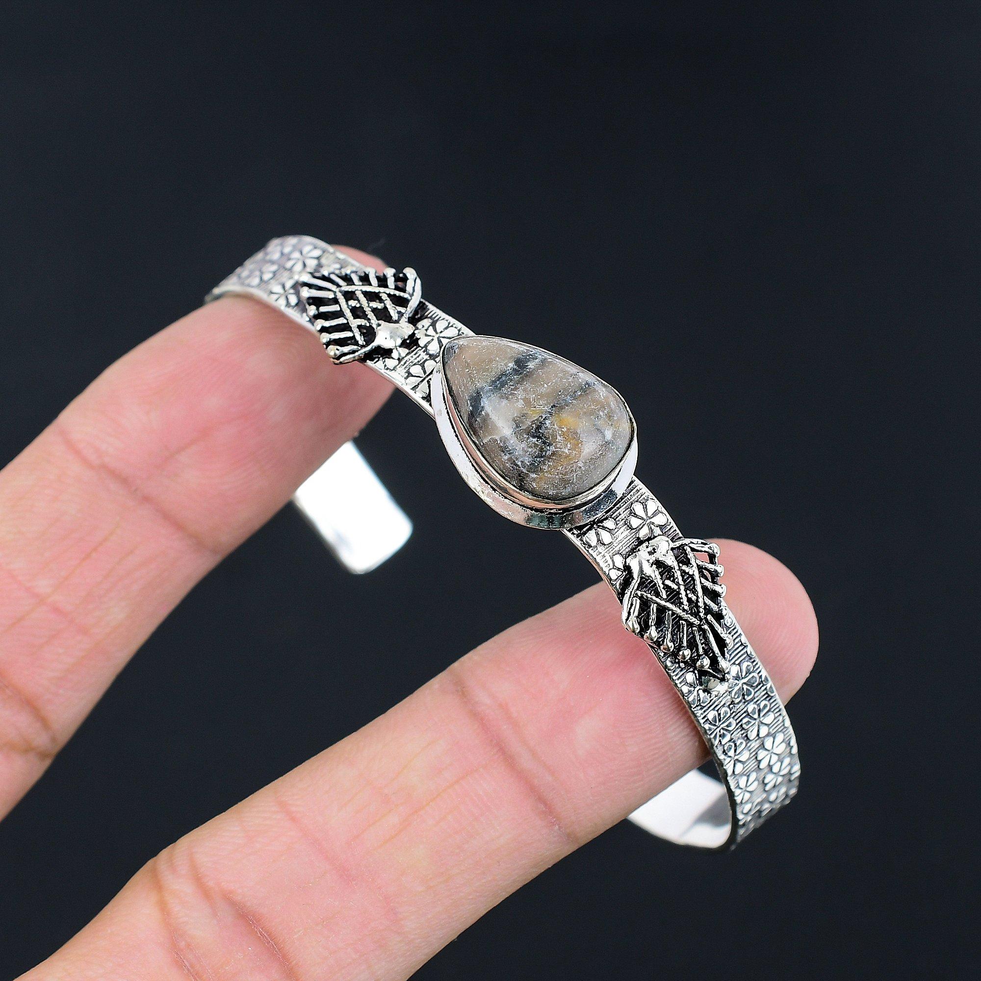 

Natural Spider Web Jasper Gemstone Bangle Adjustable 925 Silver For Women Adjustable