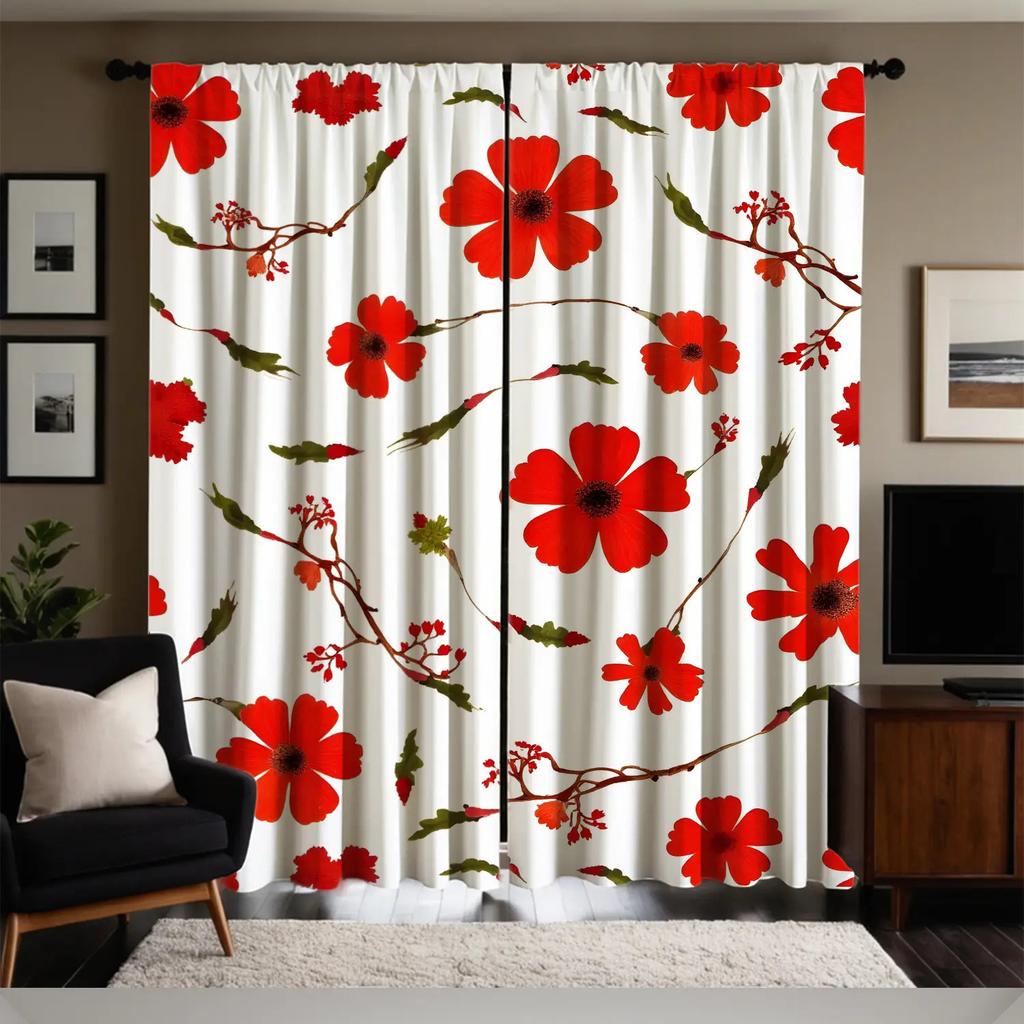 2pc Gorgeous Style Red Floral Print Curtains   Polyester Fabric   Machine Washable   Suitable for Bedroom Living Room Decoration
