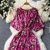 Vintage Elegant V Neck Split Print Short Sleeve Dress Chic Slim A Line Vestidos Summer Vacation Party Women Fashion Dresses