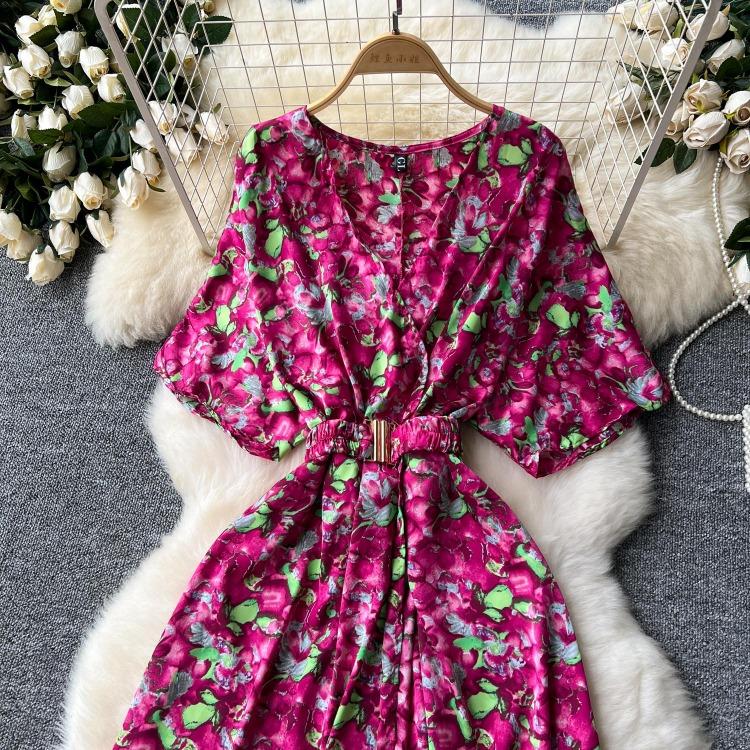 Vintage Elegant V Neck Split Print Short Sleeve Dress Chic Slim A Line Vestidos Summer Vacation Party Women Fashion Dresses