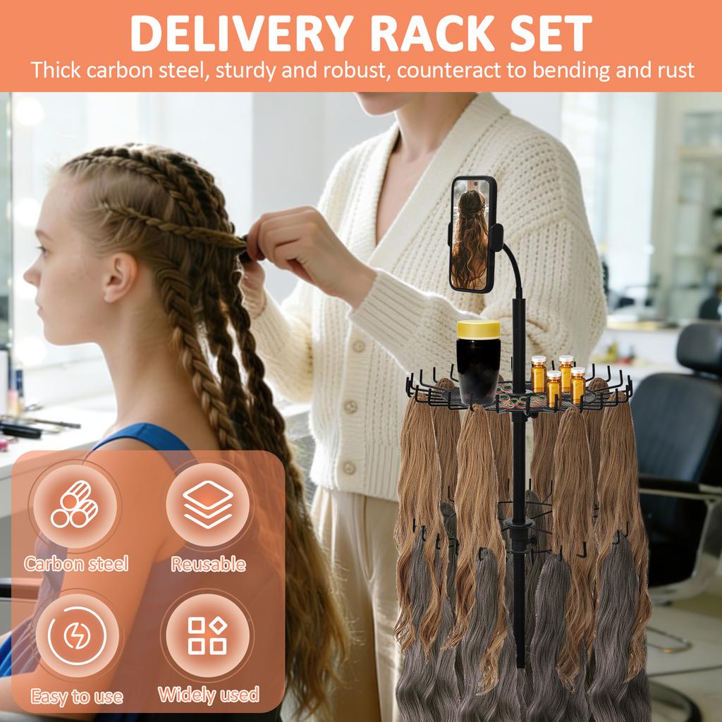 Braiding Hair Rack Standing Hair Extension Holder with Phone Holder Height Adjustable for Hairstylists and Braiders