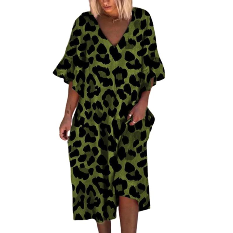 Plus Size Leopard Mid Long Dresses Half Sleeve Women Summer Casual Beach Party Dress Loose Vintage Holiday