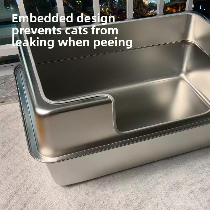 Stainless Steel Jumbo Cat Litter Box Open Type Cat Bedpans Low-Entry Kitty Toilet with Anti-Splash Design Pet Potty for Kittens