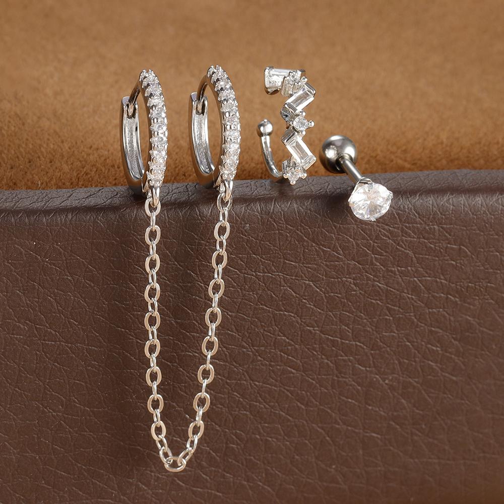 Tassel Chain Hoop Earrings Set for Women Stainless Steel Cubic Zirconia Geometric Round Huggie Earring Piercing Jewelry aretes