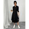 Spring Women's New Loose Solid Color Shirt with Lapel, Three-quarter Sleeves, and Mid-length Dress
