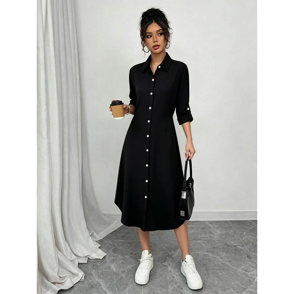 Spring Women's New Loose Solid Color Shirt with Lapel, Three-quarter Sleeves, and Mid-length Dress