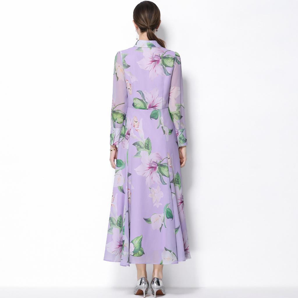Spring Clothing for Women 2026 New Style High-End Flower Printed Belt Slim-Fitting Long French Long Sleeve Chiffon Maxi Dress