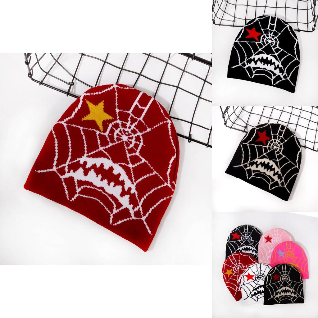 Gothic Style Knit Cap Featuring Spider Web Design For Casual Wear