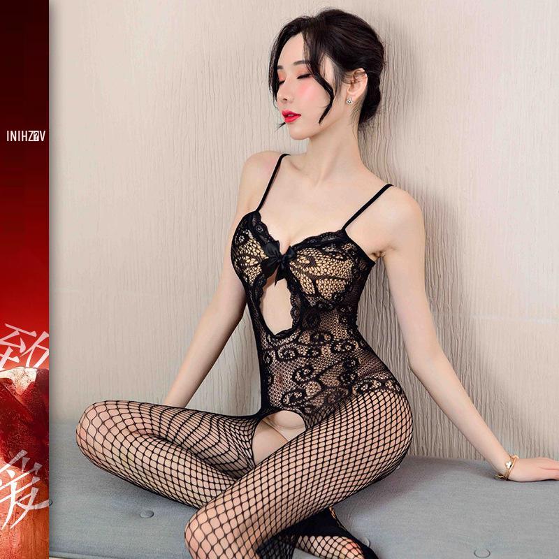 Passionate Sheer Lingerie Set: Fishnet Stockings & Crotchless Bodysuit