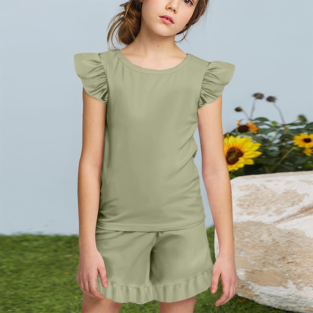 Summer Girls Cute Suit Flying Sleeves T-shirt Top + Ruffled Shorts Daily Outdoor Wear Cute Casual Fashion 2-Piece Set