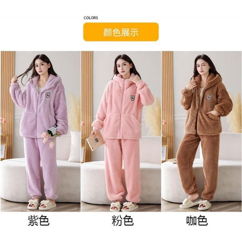 Womens Coral Fleece Pajama Set With Hooded Top Long Pants Warm Thick Soft Lounge Wear Home Or Light Outdoor Use
