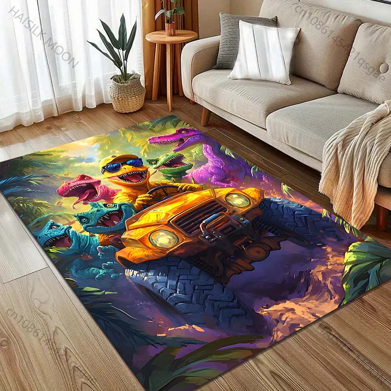 Dinosaurier Fahren mit Sonnenbrille Print Teppich für Schlafzimmer Wohnzimmer Bettseite Sofa Bodenmatte Moderne Heimdekoration Spielbereich Teppich