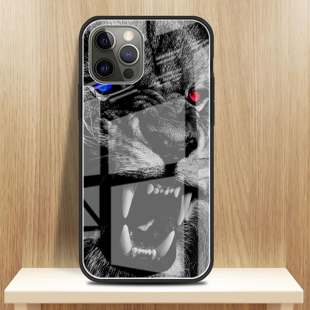 Lion Wolf Glass Case For Apple iPhone 14 13 Pro 11 12 7 8 Plus SE 2022 XR X XS Max 6 6S Tempered Phone Cover