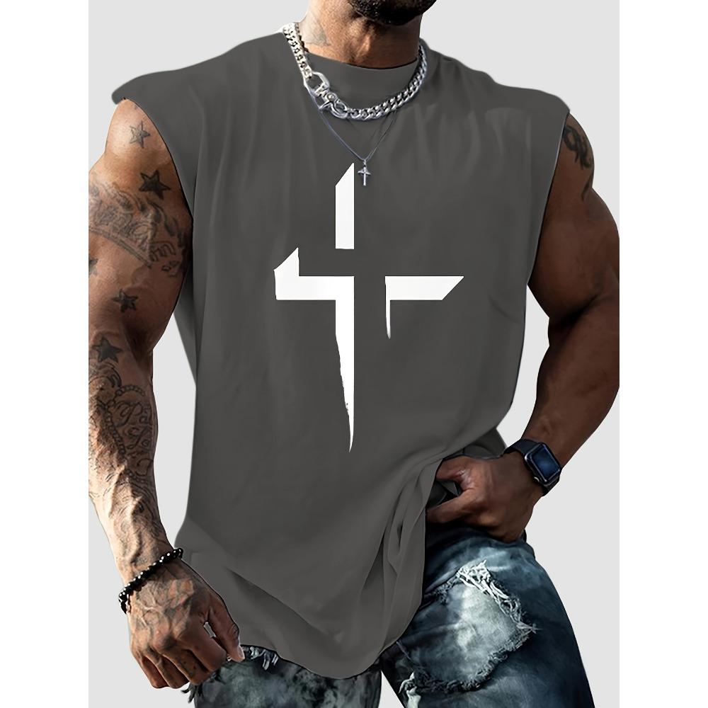 Men's Summer Fashion Casual Sports Loose Faith Cross Pattern Print Comfortable and Breathable Round Neck Sleeveless Vest