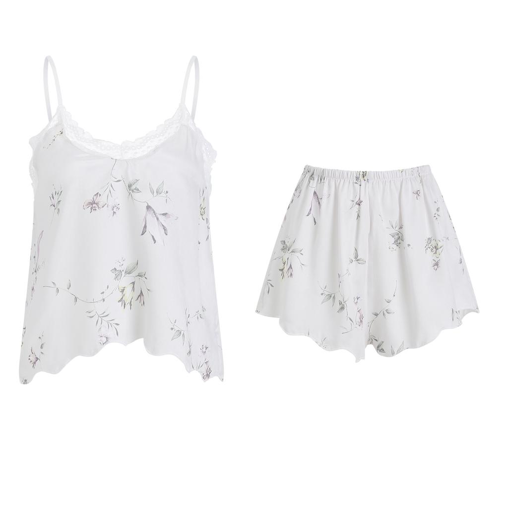 Women’s Sexy Sleepwear Deep V Floral Printed Cami Top and Shorts 2-Piece Lace Loungewear Set