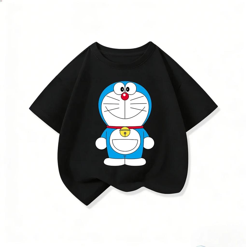 Cute Boys Girls Short Sleeve T Shirt Doraemon Cartoon Pattern Crew Neck Comfort Summer Casual Daily Wear 3 To 14Y